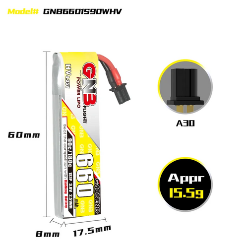 GAONENG GNB 1S 3.8V HV 660MAH 90C A30 Connector RC LiPo Battery FPV Drone 75mm FPV Drone Emax Tinyhawk S NanoHawk EZ Pilot Betafpv meteor75pro