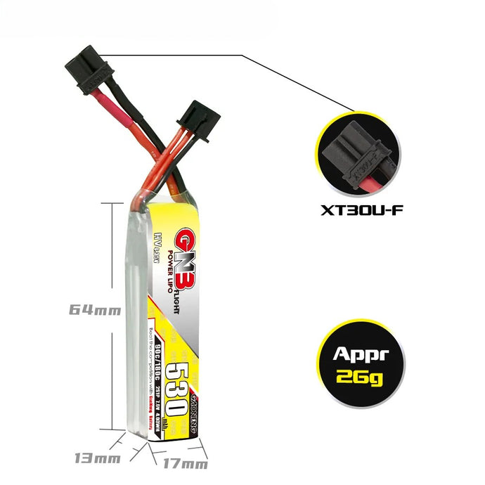 GAONENG GNB LiHV 2S 7.6V 530mAh 90C XT30 LiPo Battery Long Type for mobula8 meteor85