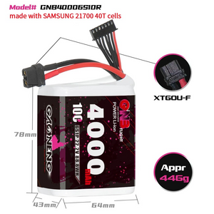 แบตเตอรี่ GAONENG GNB 6S 22.2V 4000mAh 10C XT60 Li-ion Battery made with Samsung 21700 for longrange FPV drone plane fix wings สำหรับโดรน li-ion