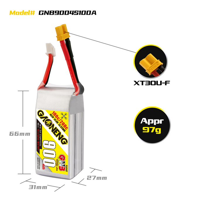 GNB GAONENG 900mah 4S 14.8V XT30 100C 200C RC FPV drone LiPo Battery Pack graphene